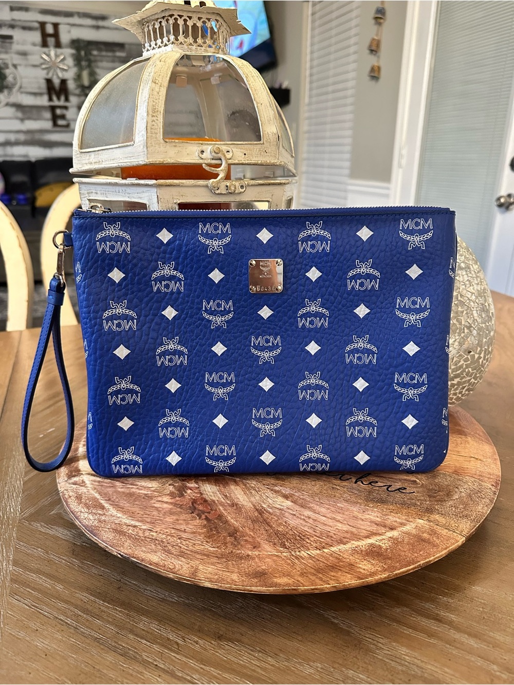 MCM Royal Blue Monogram Wristlet Clutch
